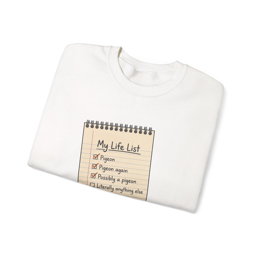 Crewneck Sweatshirt — "My Life List" Notepad Design with Pigeon Checklist