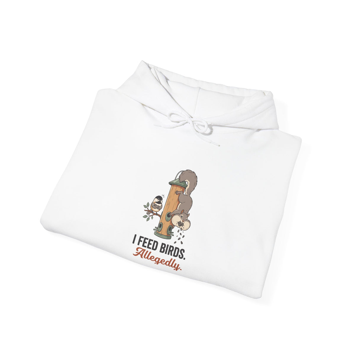 Hoodie — I Feed Birds. Allegedly. Cute Squirrel & Bird Graphic Pullover