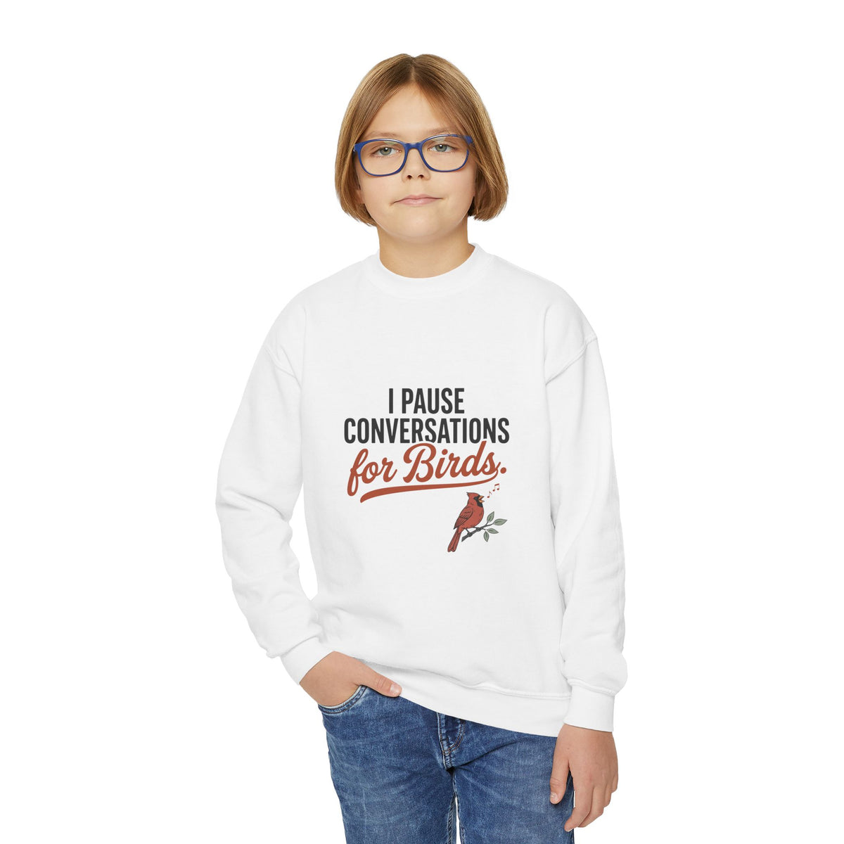 Kids sweatshirt with 'I Pause Conversations for Birds' singing cardinal design