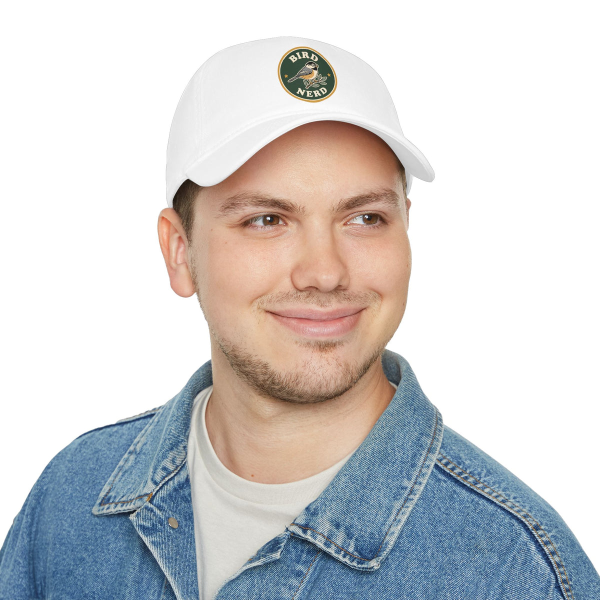 Baseball cap with vintage 'Bird Nerd' chickadee patch