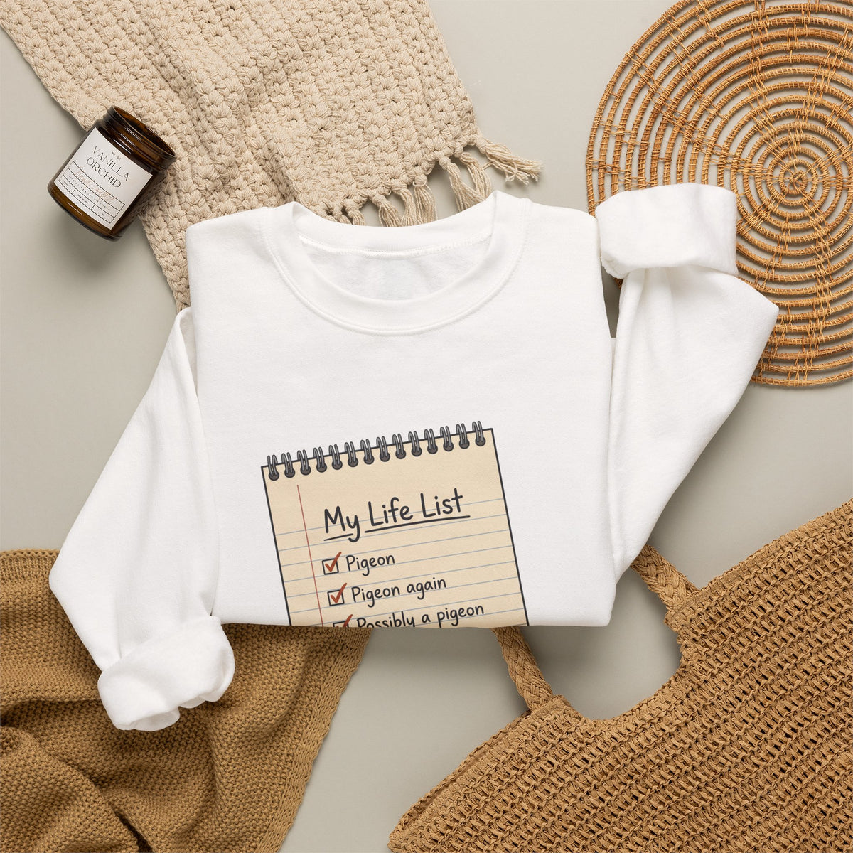 Crewneck Sweatshirt — "My Life List" Notepad Design with Pigeon Checklist