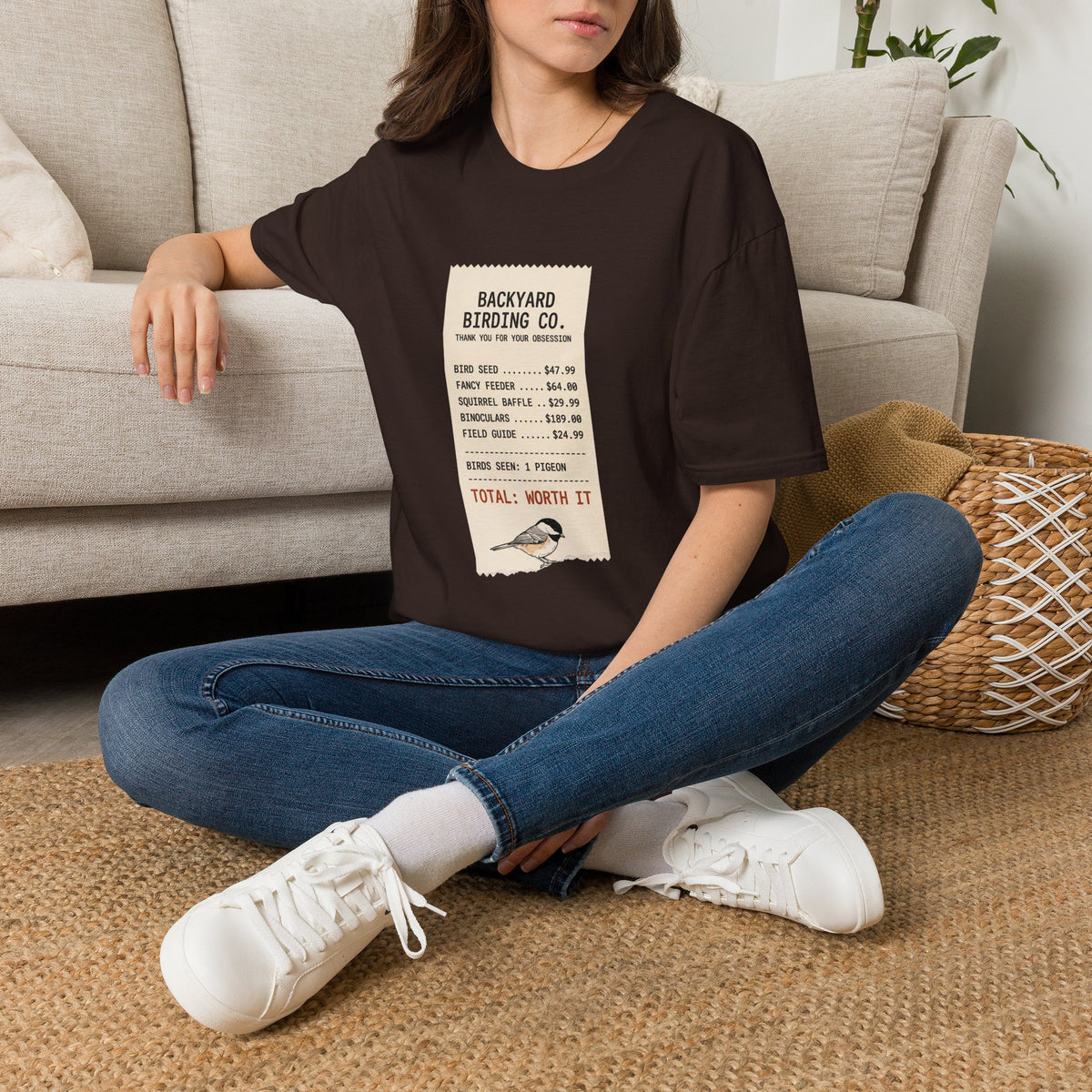 T-shirt with funny Backyard Birding Co. receipt design listing bird seed, feeder and binoculars, 'Birds seen: 1 pigeon, Total: Worth it'