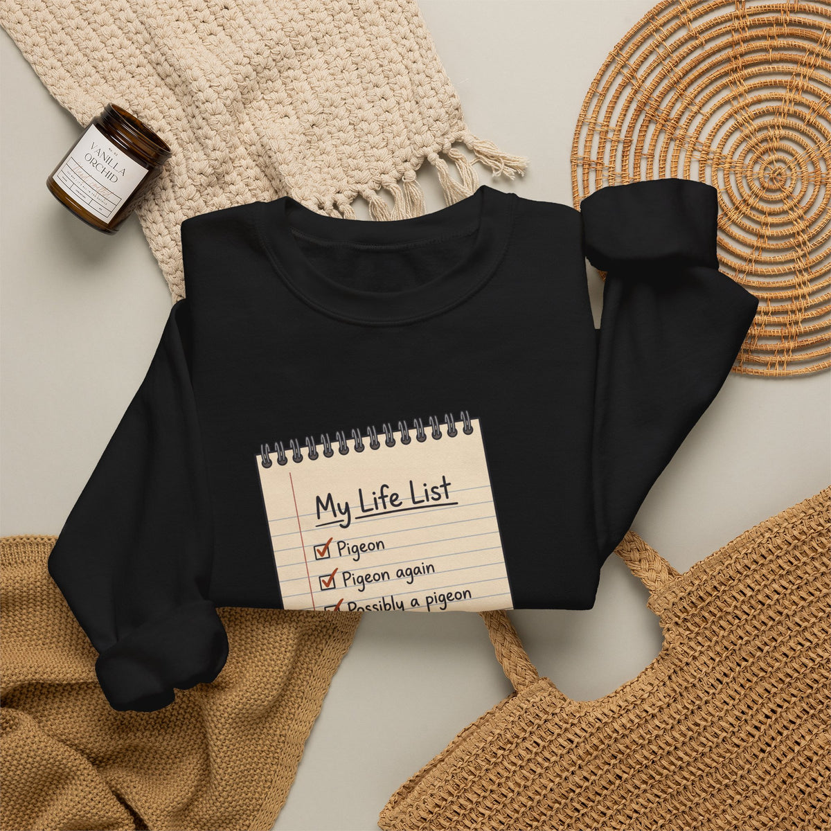 Crewneck Sweatshirt — "My Life List" Notepad Design with Pigeon Checklist