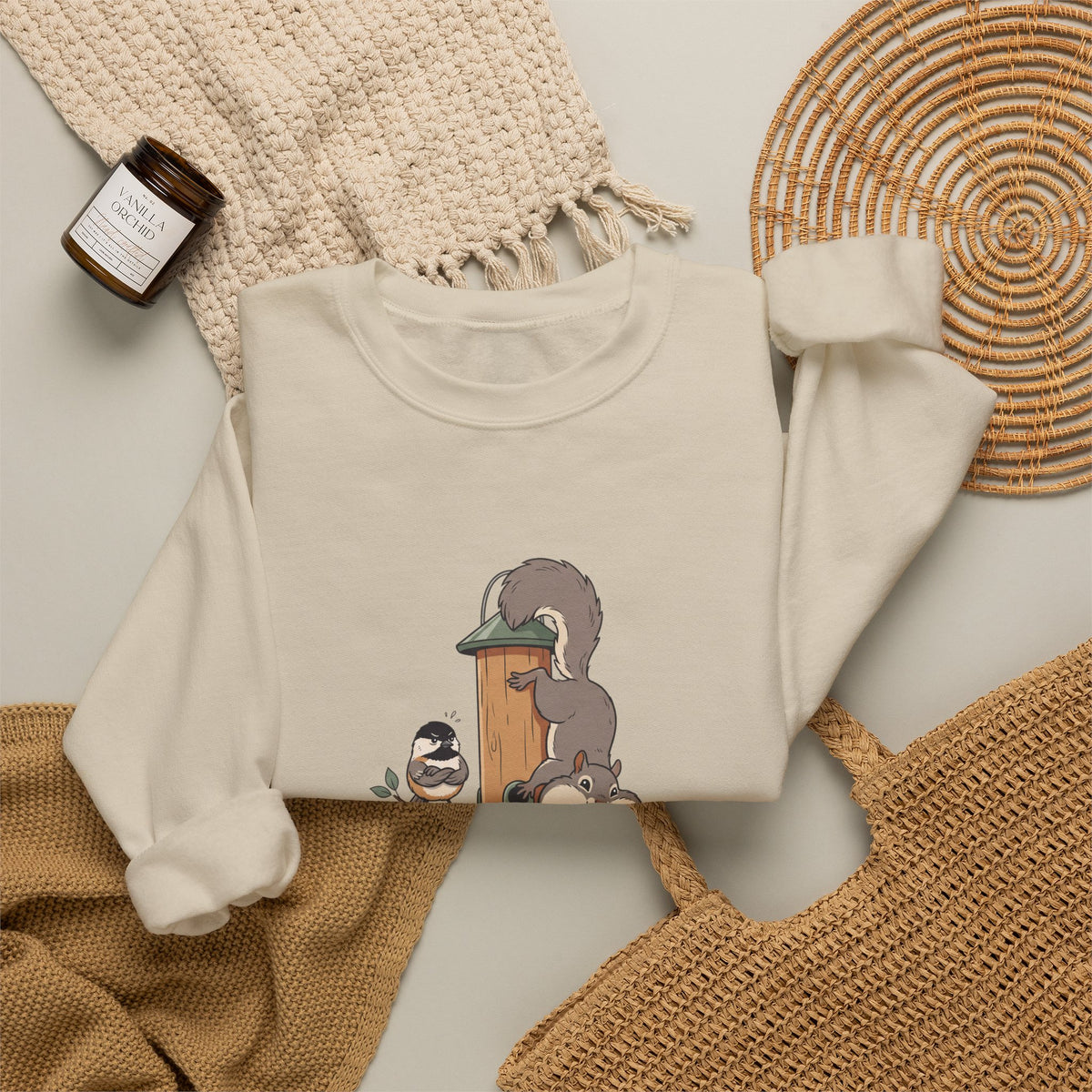 I Feed Birds Allegedly Sweatshirt — Cute Squirrel & Chickadee Birdwatching Crewneck