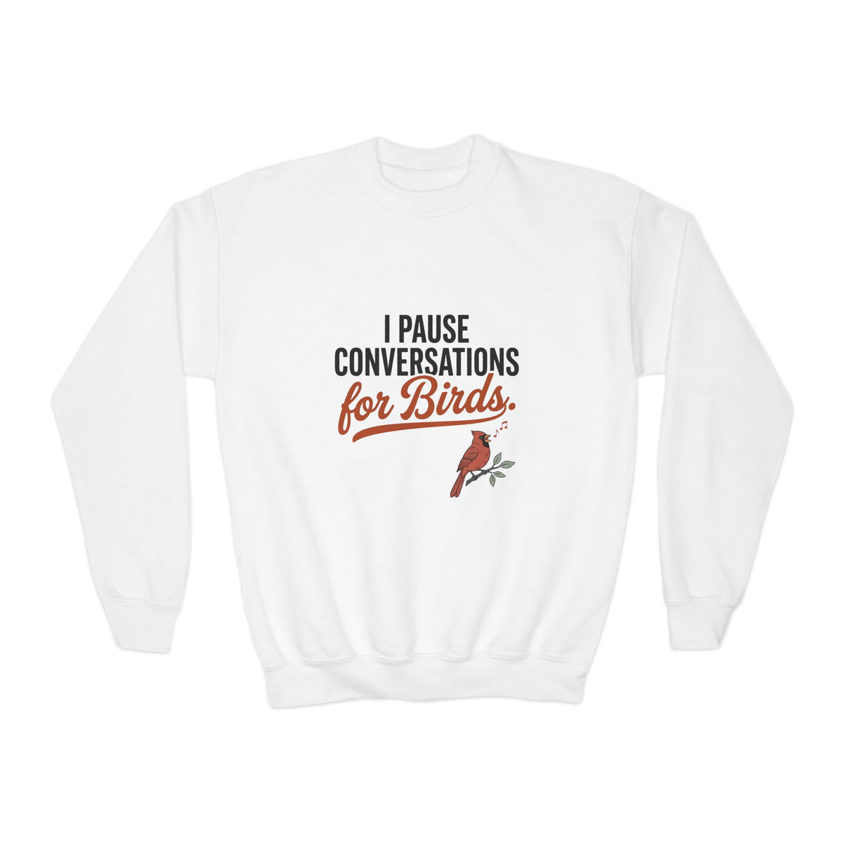 Youth Sweatshirt — "I Pause Conversations for Birds" Cute Cardinal Crewneck