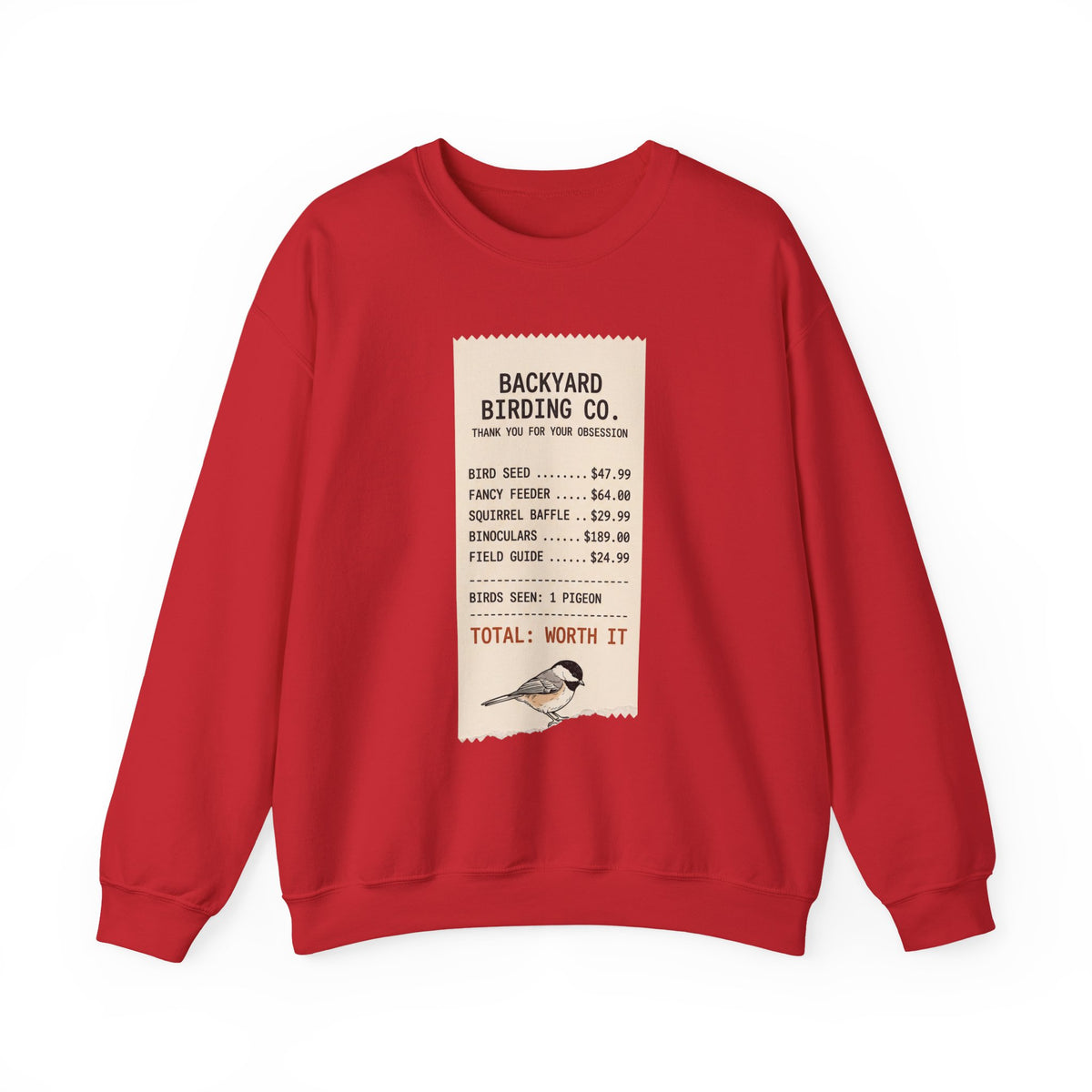 Backyard Birding Co. Receipt Crewneck Sweatshirt — ‘Total: Worth It’ Birdwatcher Pullover