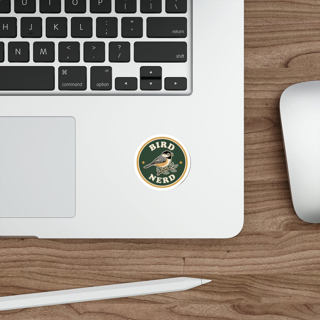 'Bird Nerd' die-cut sticker with chickadee wearing glasses