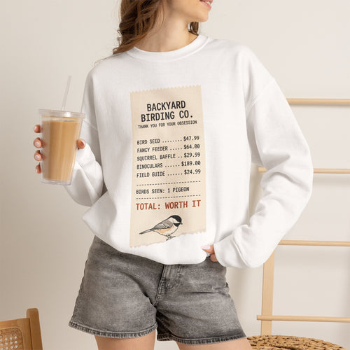Crewneck sweatshirt with funny Backyard Birding Co. receipt design, 'Birds seen: 1 pigeon, Total: Worth it'