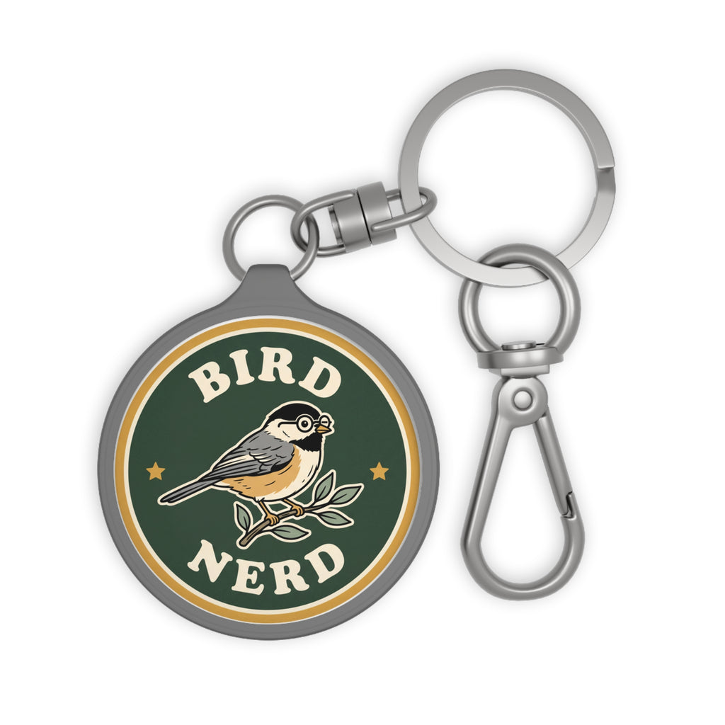 'Bird Nerd' keychain tag with vintage chickadee badge