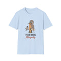 T-shirt with funny 'I Feed Birds. Allegedly.' design of a squirrel raiding a bird feeder while a chickadee glares