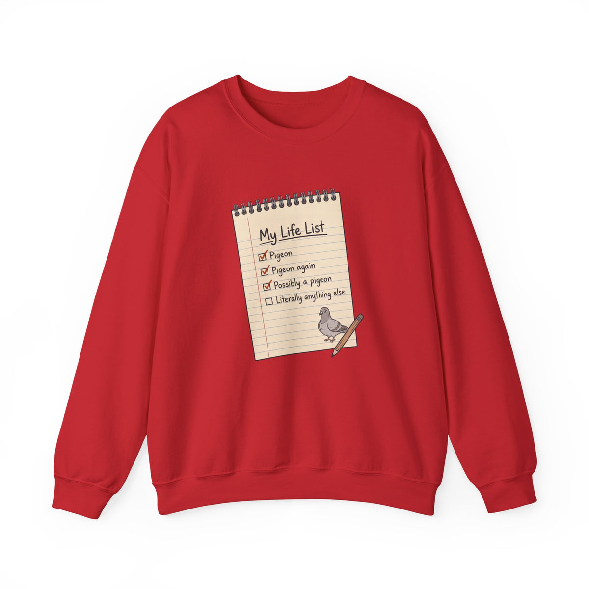 Crewneck Sweatshirt — "My Life List" Notepad Design with Pigeon Checklist