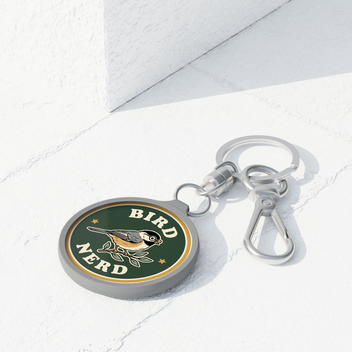 'Bird Nerd' keychain tag with vintage chickadee badge