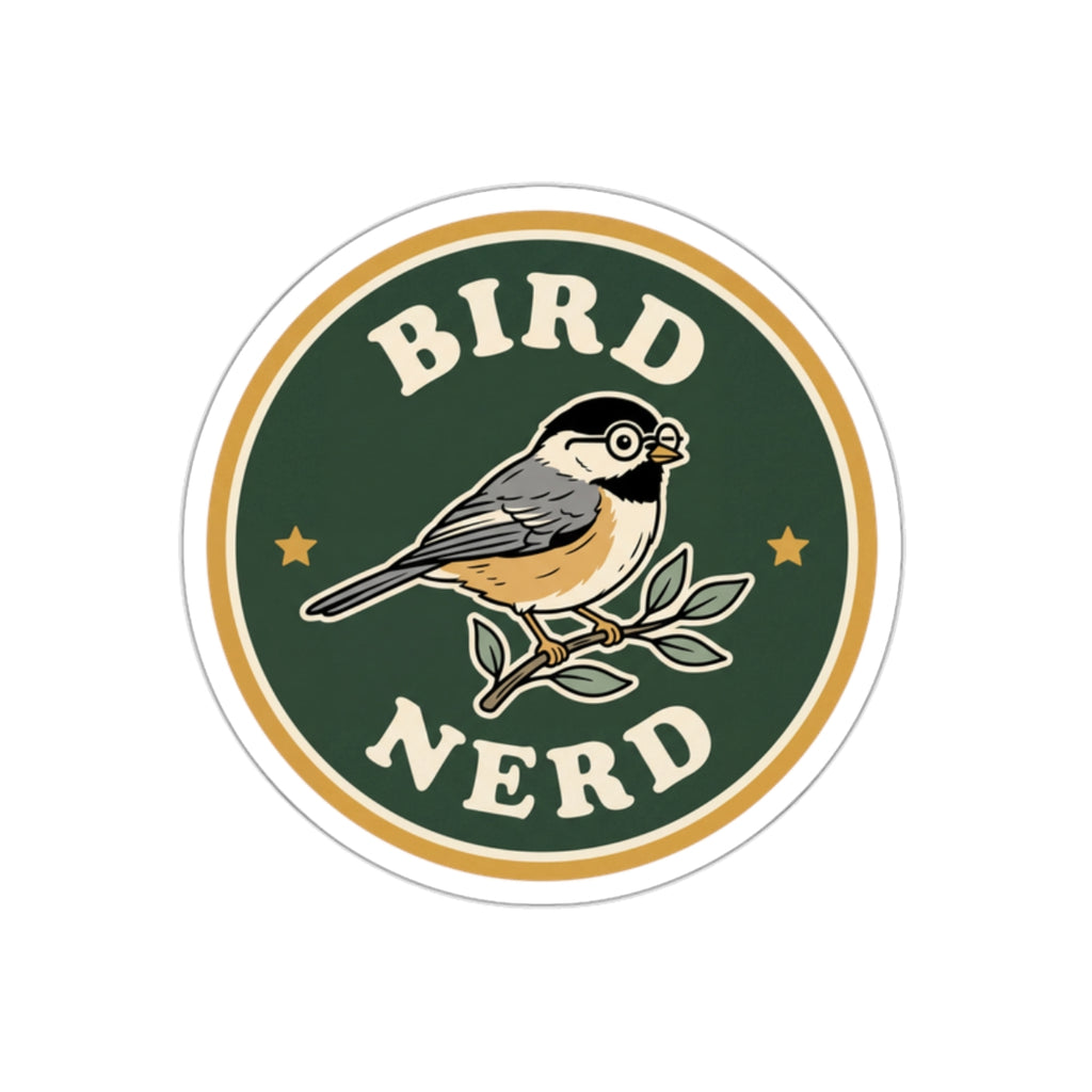 'Bird Nerd' die-cut sticker with chickadee wearing glasses