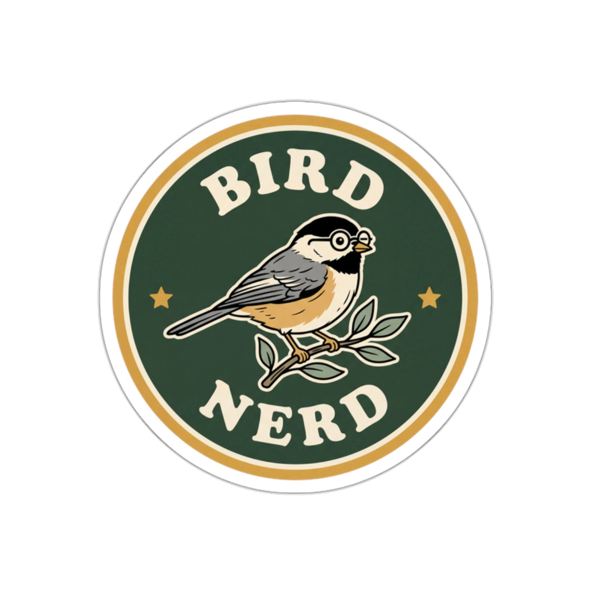 'Bird Nerd' die-cut sticker with chickadee wearing glasses