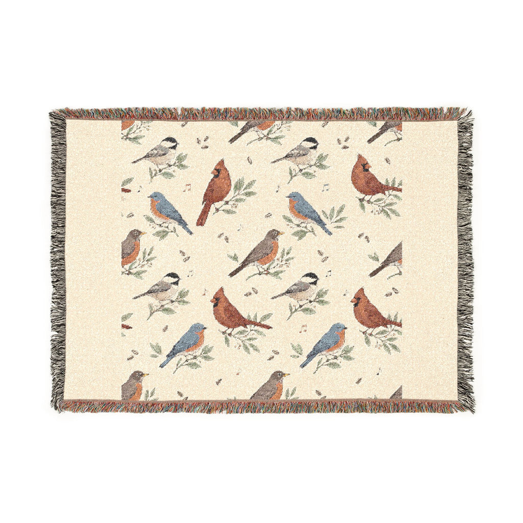 Woven throw blanket with vintage songbird pattern of chickadees, cardinals, bluebirds and robins