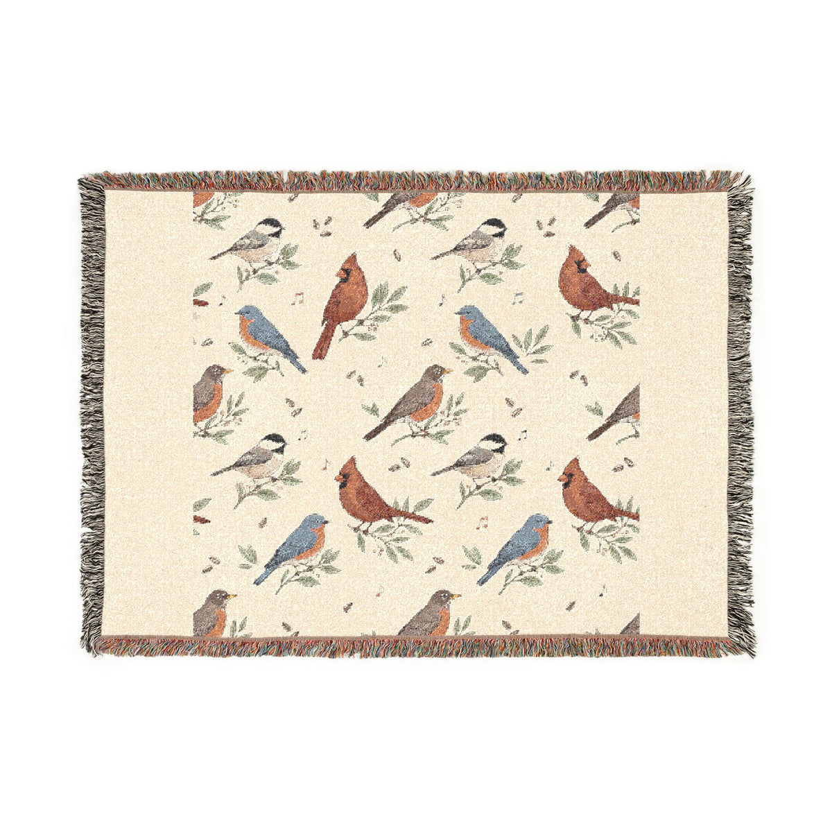 Woven throw blanket with vintage songbird pattern of chickadees, cardinals, bluebirds and robins