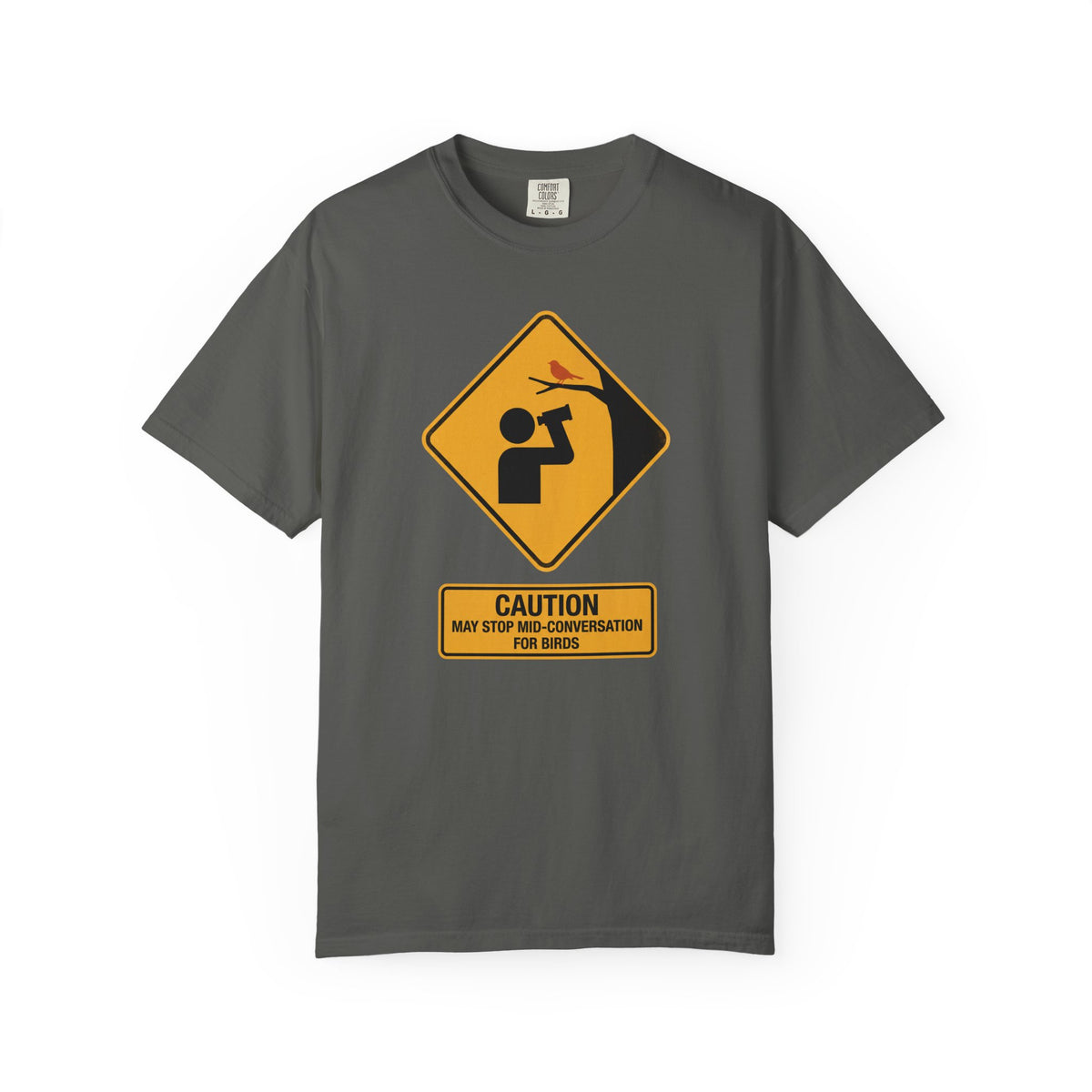 T-shirt with yellow road warning sign design: Caution, may stop mid-conversation for birds, with binoculars icon