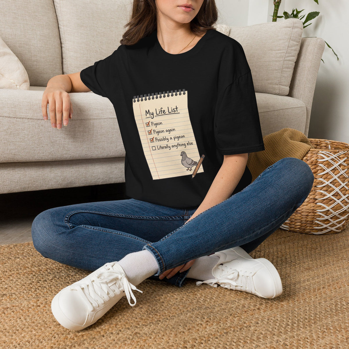 T-shirt with funny 'My Life List' notebook design checking off Pigeon, Pigeon again, Possibly a pigeon