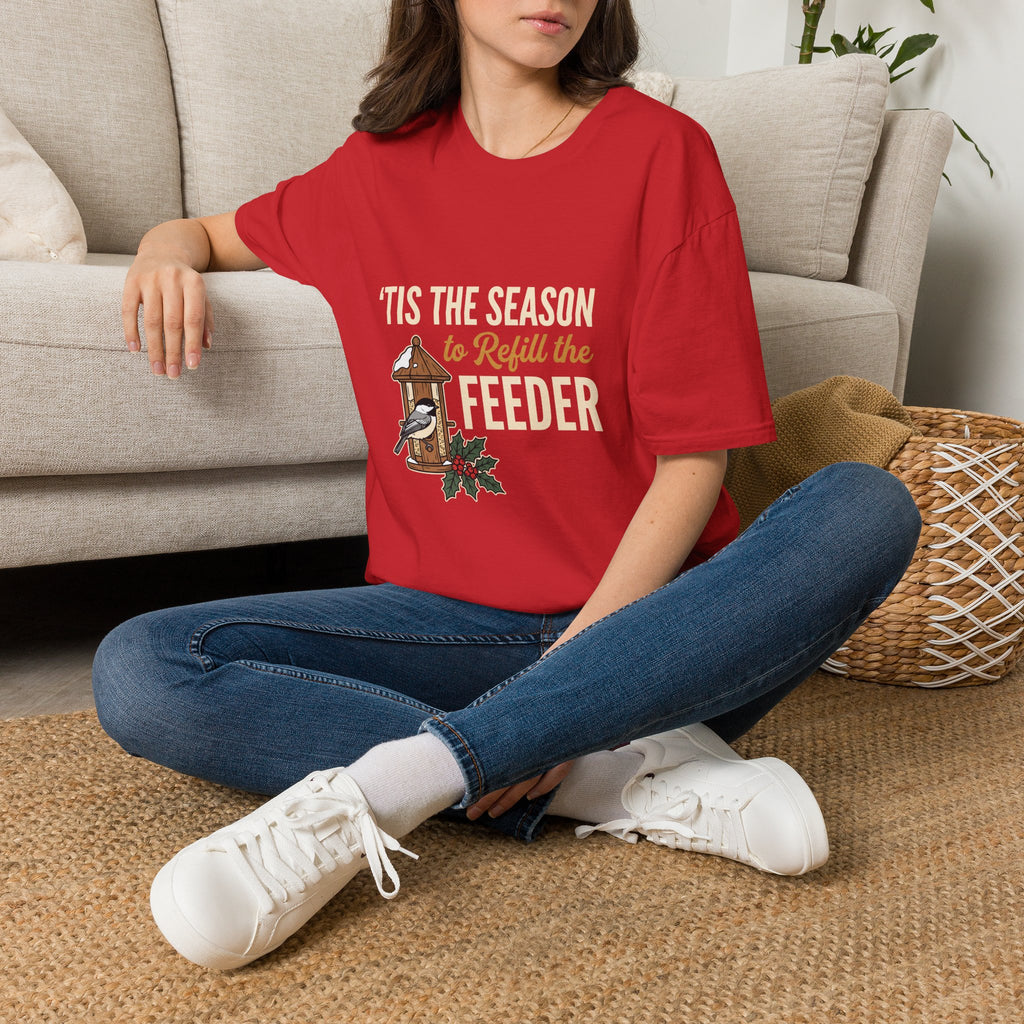 Christmas t-shirt with ''Tis the Season to Refill the Feeder' chickadee and bird feeder design