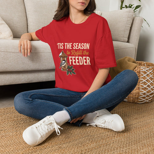 Christmas t-shirt with ''Tis the Season to Refill the Feeder' chickadee and bird feeder design