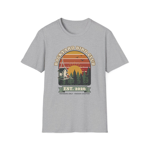 T-shirt with retro 'Backyard Bird Club Est. 2026' badge design featuring a sunset, pine trees and a chickadee at a bird feeder