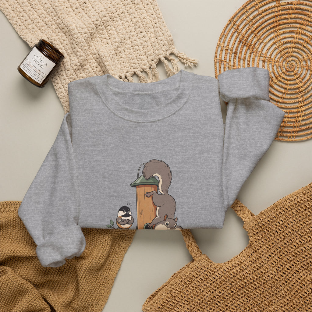 I Feed Birds Allegedly Sweatshirt — Cute Squirrel & Chickadee Birdwatching Crewneck