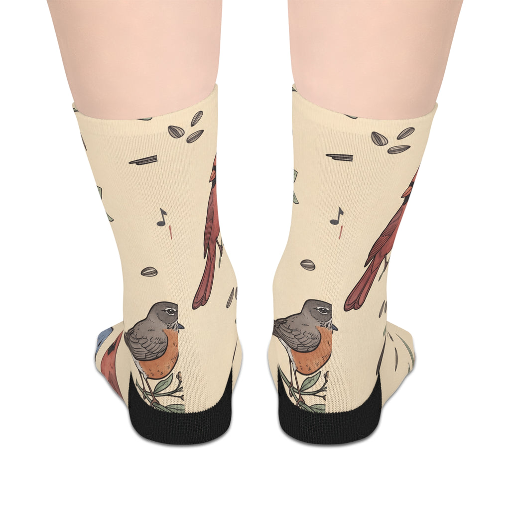 Crew socks with vintage songbird pattern of chickadees, cardinals, bluebirds and robins