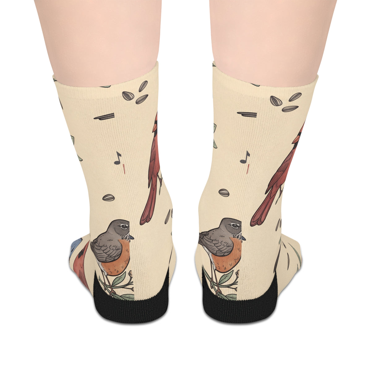Crew socks with vintage songbird pattern of chickadees, cardinals, bluebirds and robins