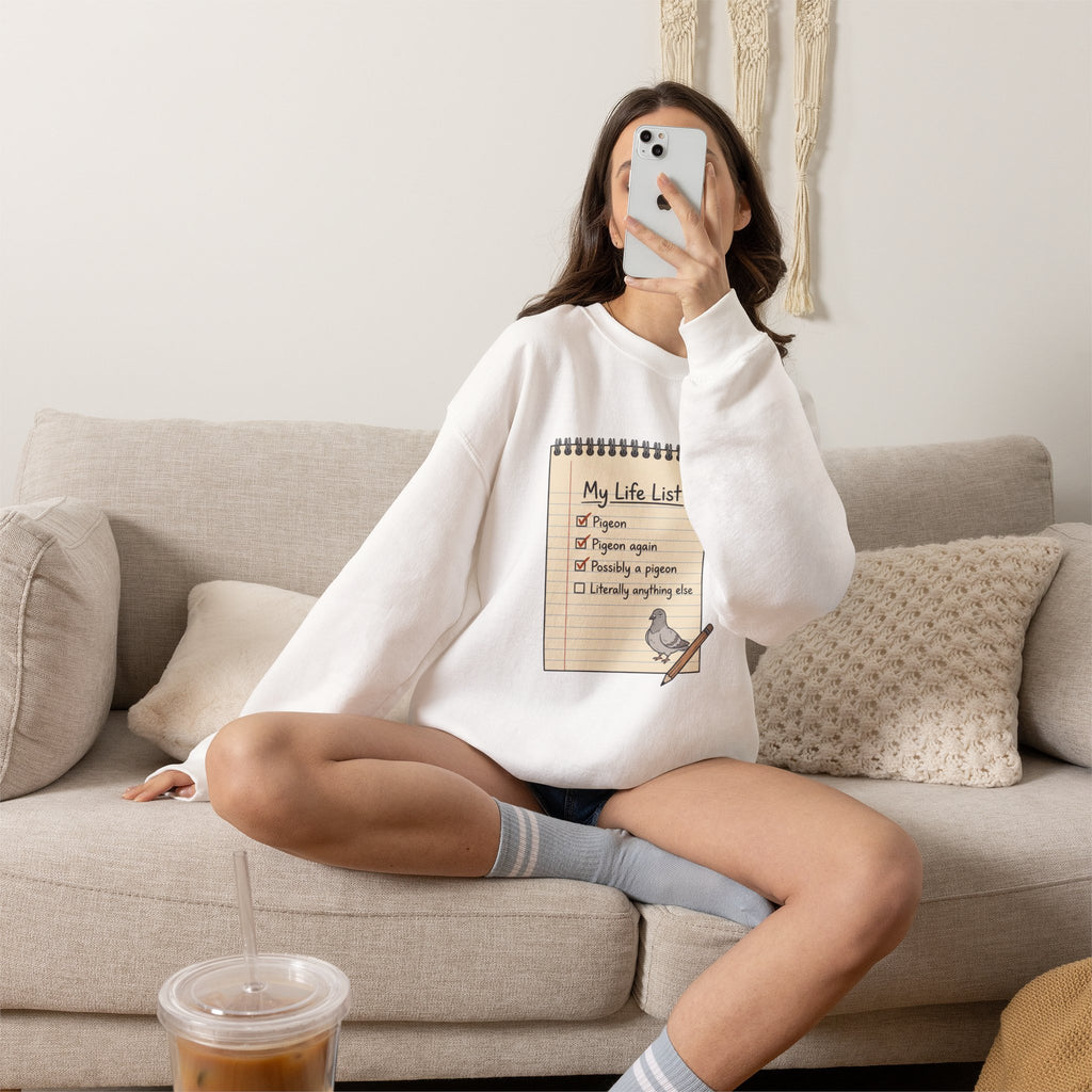 Crewneck Sweatshirt — "My Life List" Notepad Design with Pigeon Checklist