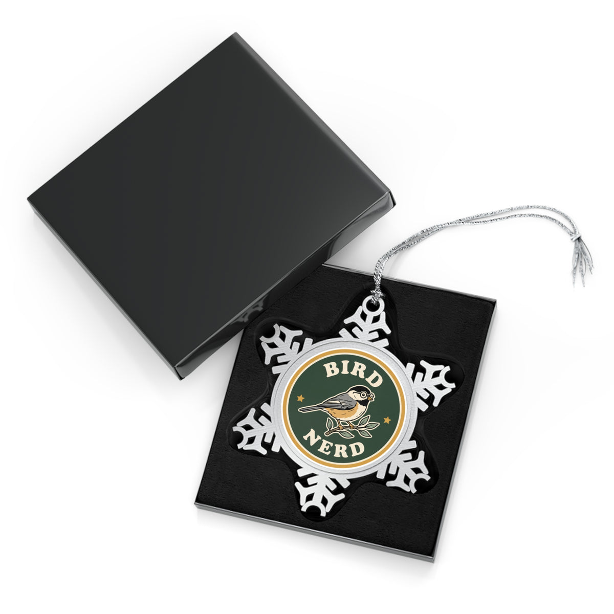 Pewter snowflake Christmas ornament with 'Bird Nerd' chickadee design