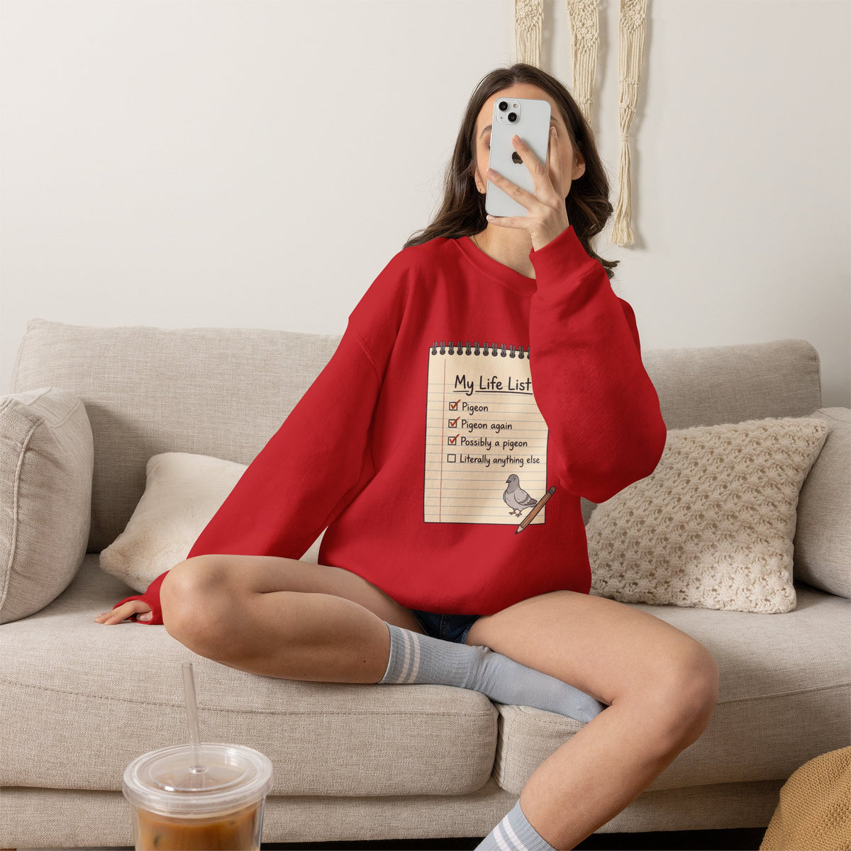 Crewneck sweatshirt with funny 'My Life List' notebook design checking off Pigeon, Pigeon again, Possibly a pigeon