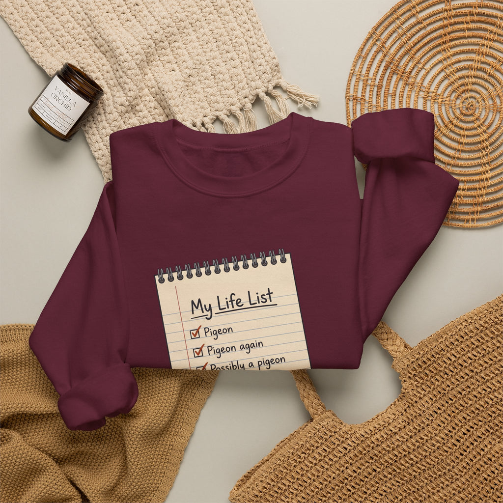 Crewneck Sweatshirt — "My Life List" Notepad Design with Pigeon Checklist