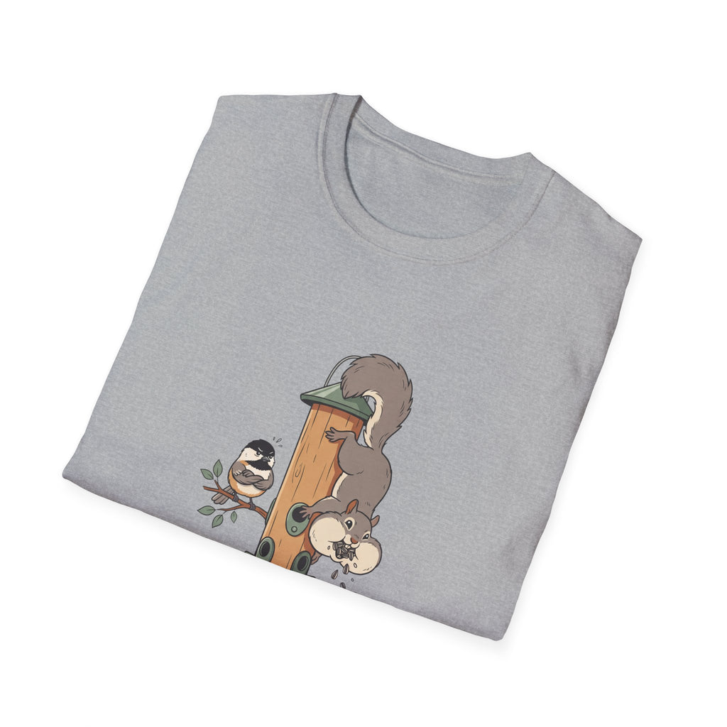 T-Shirt — I Feed Birds, Allegedly (Funny Squirrel & Chickadee Graphic)