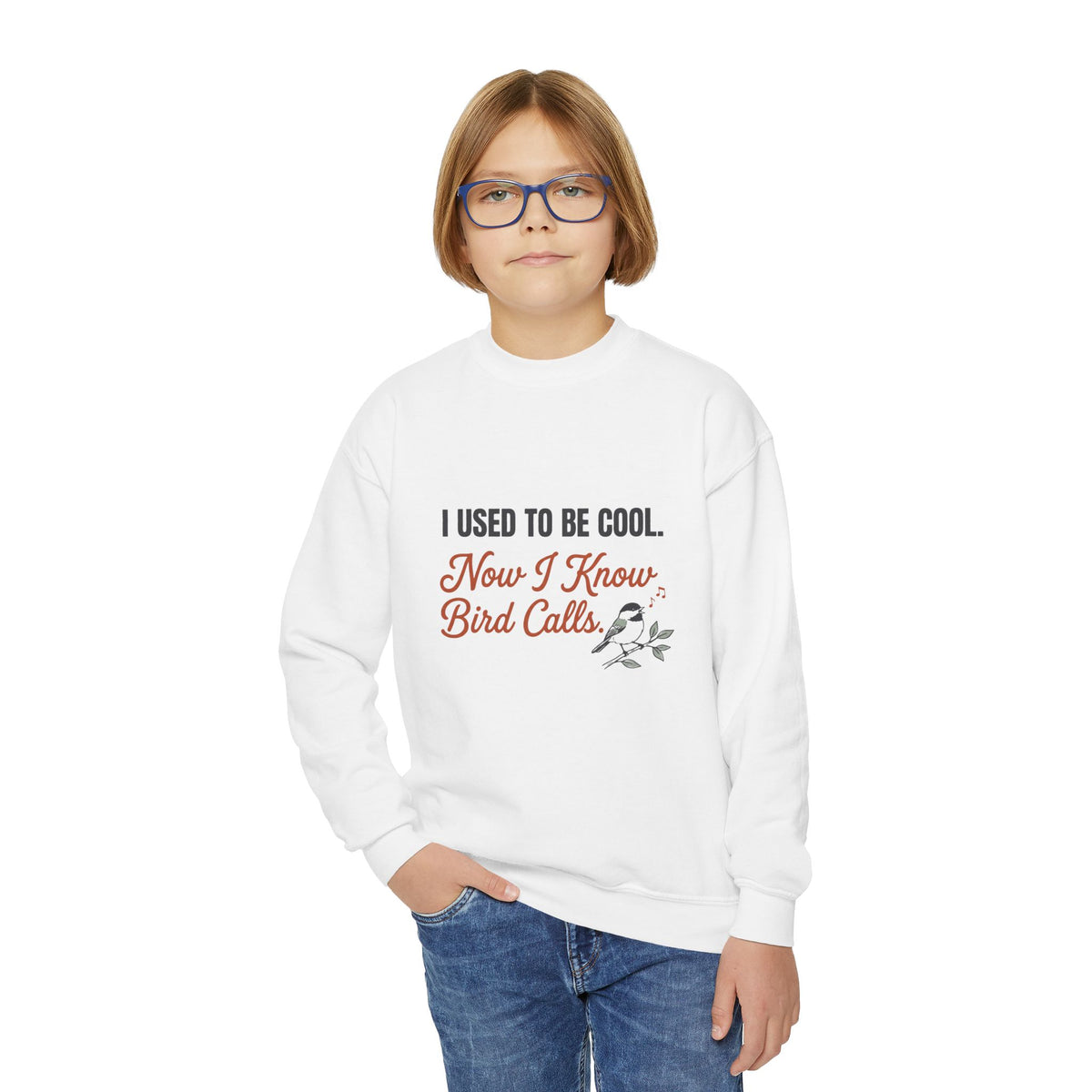 Youth Crewneck Sweatshirt – “I Used to Be Cool Now I Know Bird Calls” Kids’ Birdwatching Sweatshirt