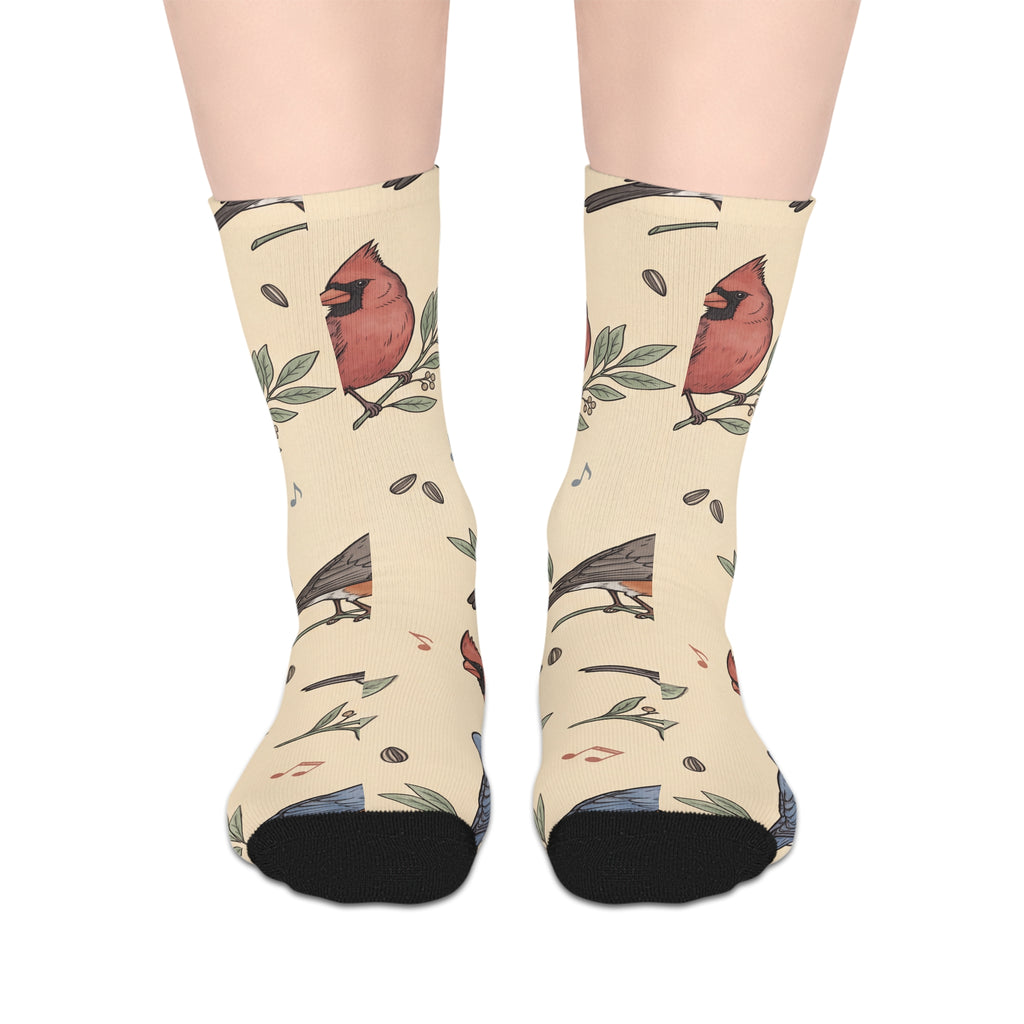 Crew socks with vintage songbird pattern of chickadees, cardinals, bluebirds and robins