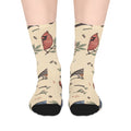 Crew socks with vintage songbird pattern of chickadees, cardinals, bluebirds and robins