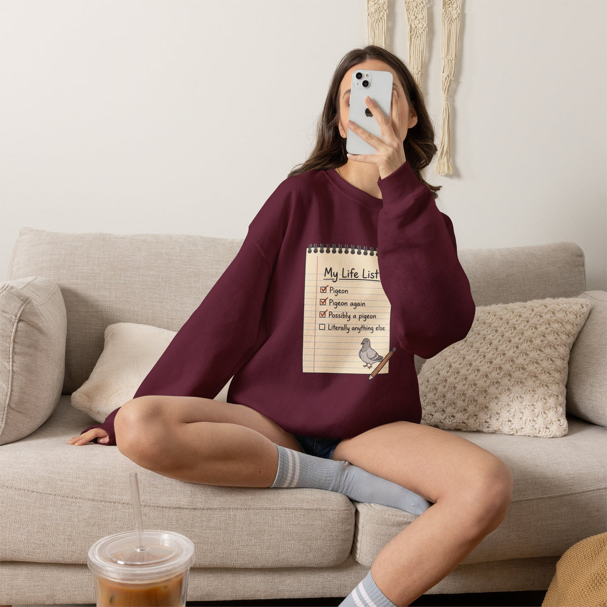 Crewneck Sweatshirt — "My Life List" Notepad Design with Pigeon Checklist