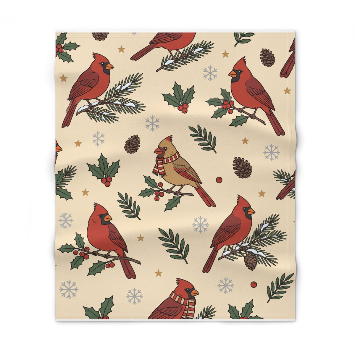 Christmas throw blanket with cardinals, holly and evergreen pattern