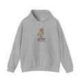 Hoodie with funny 'I Feed Birds. Allegedly.' design of a squirrel raiding a bird feeder while a chickadee glares