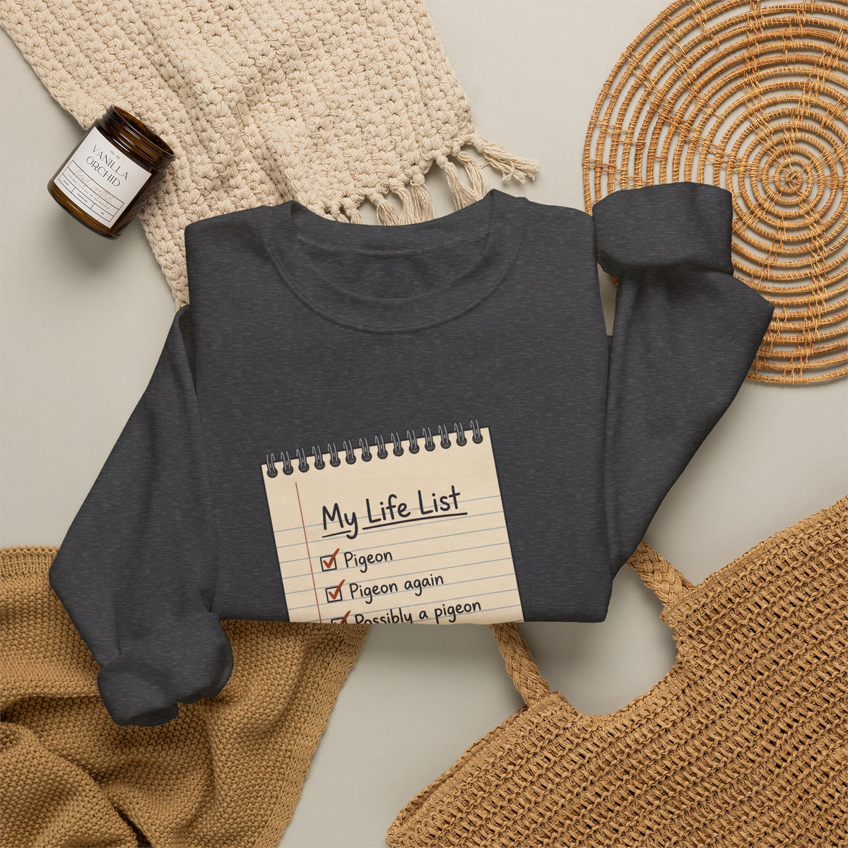 Crewneck Sweatshirt — "My Life List" Notepad Design with Pigeon Checklist