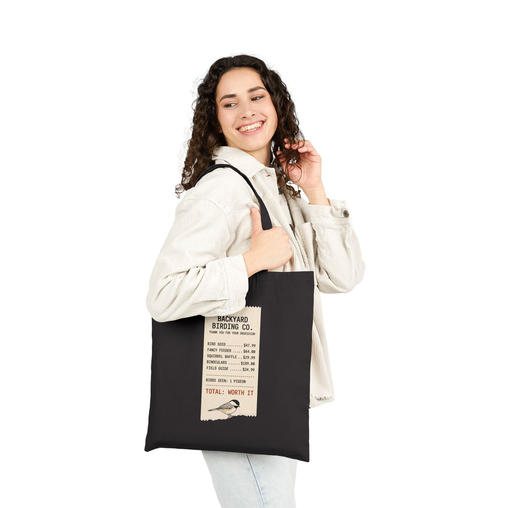 Black canvas tote bag with funny Backyard Birding Co. receipt design, 'Total: Worth it'