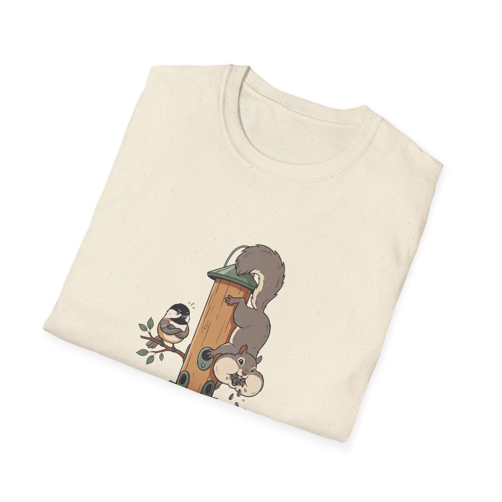 T-Shirt — I Feed Birds, Allegedly (Funny Squirrel & Chickadee Graphic)