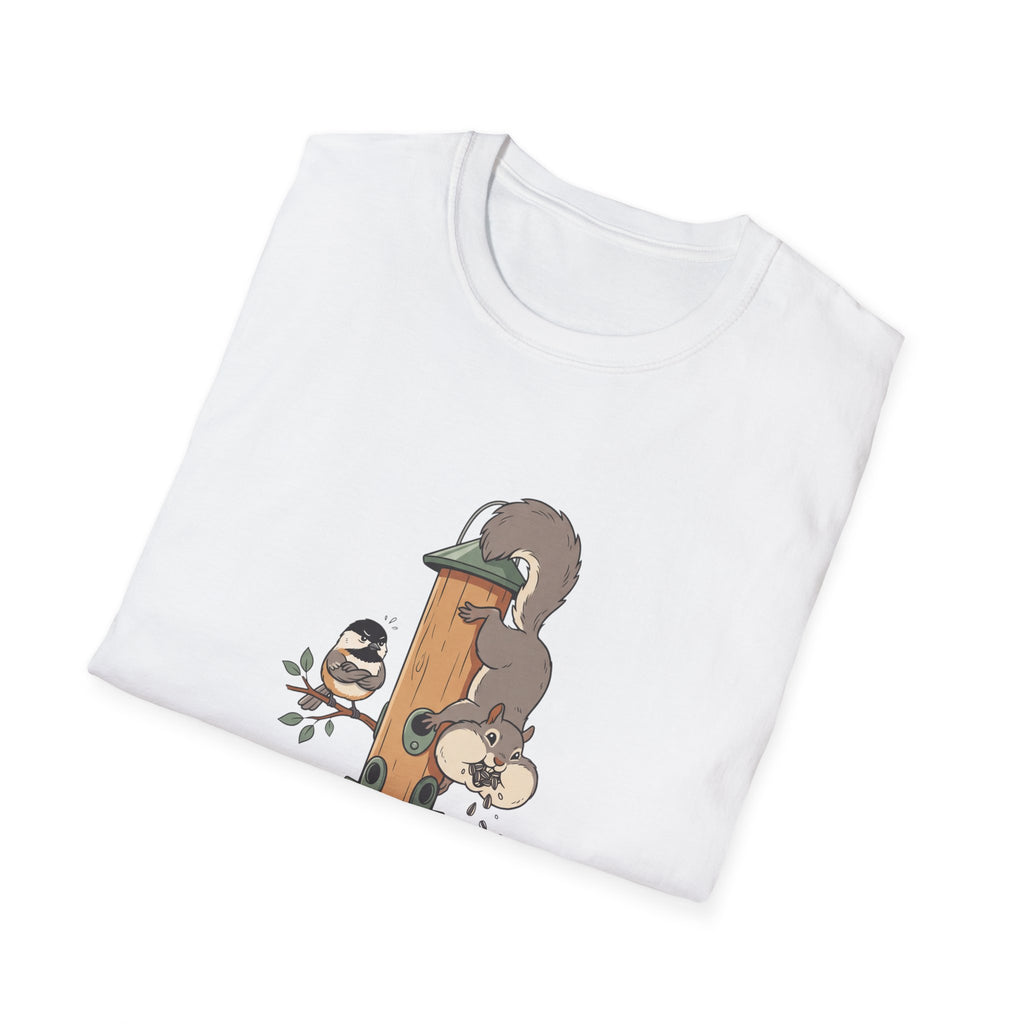 T-Shirt — I Feed Birds, Allegedly (Funny Squirrel & Chickadee Graphic)