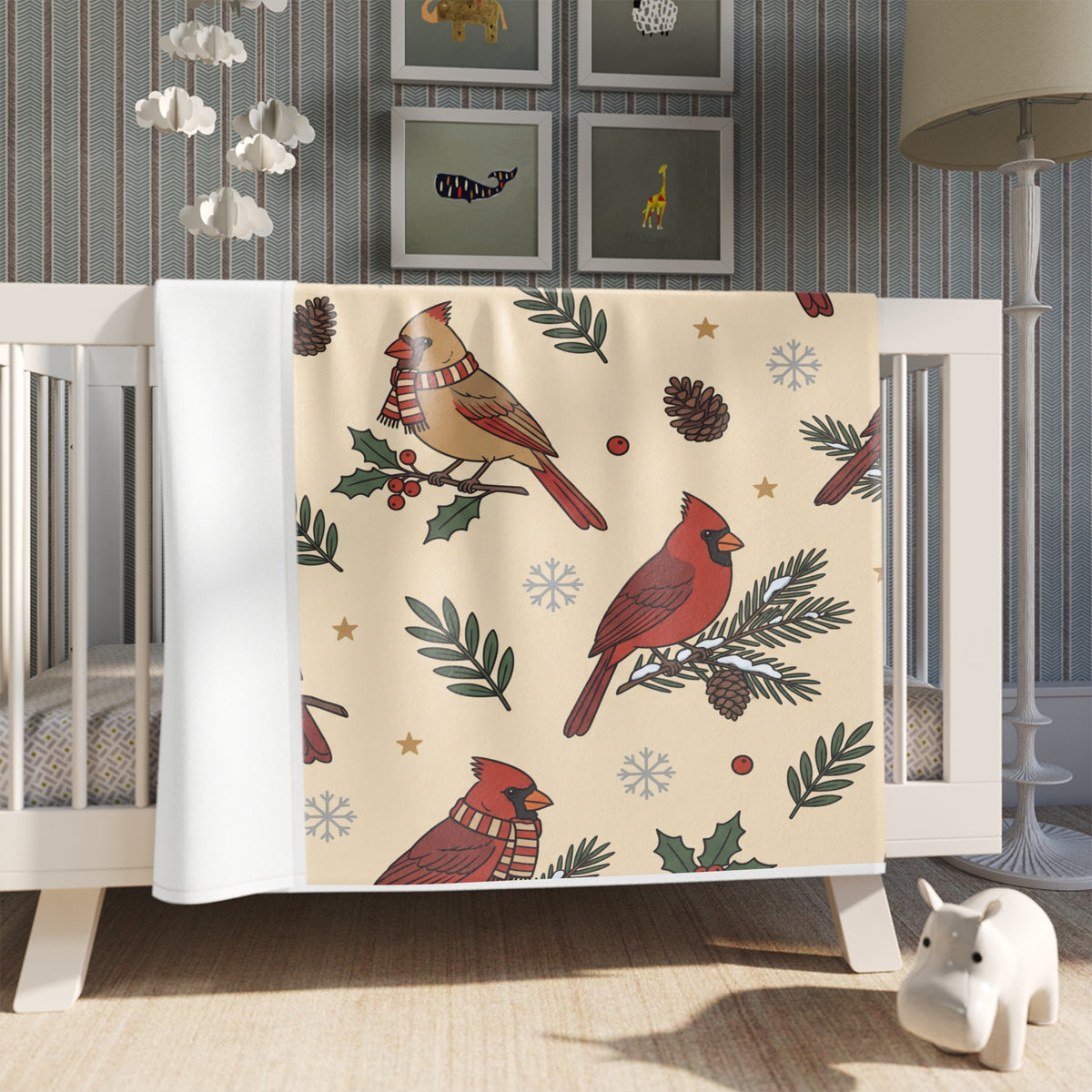 Christmas throw blanket with cardinals, holly and evergreen pattern