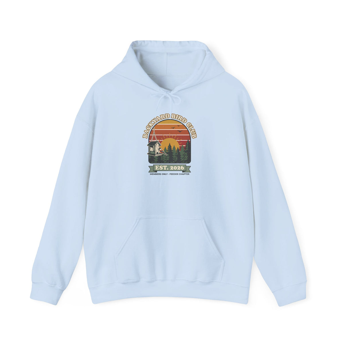 Hoodie with retro 'Backyard Bird Club Est. 2026' badge design featuring a sunset, pine trees and a chickadee at a bird feeder