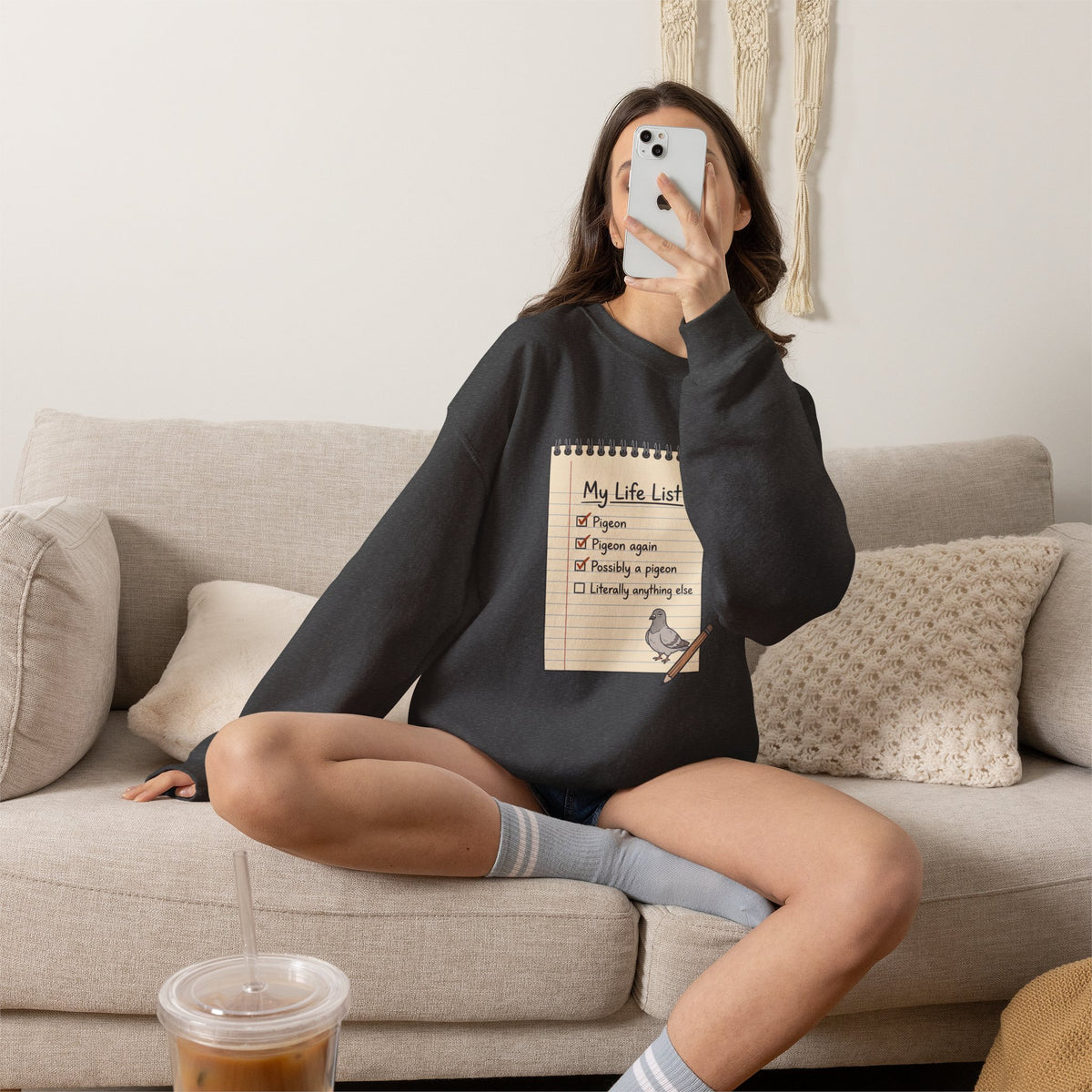 Crewneck Sweatshirt — "My Life List" Notepad Design with Pigeon Checklist