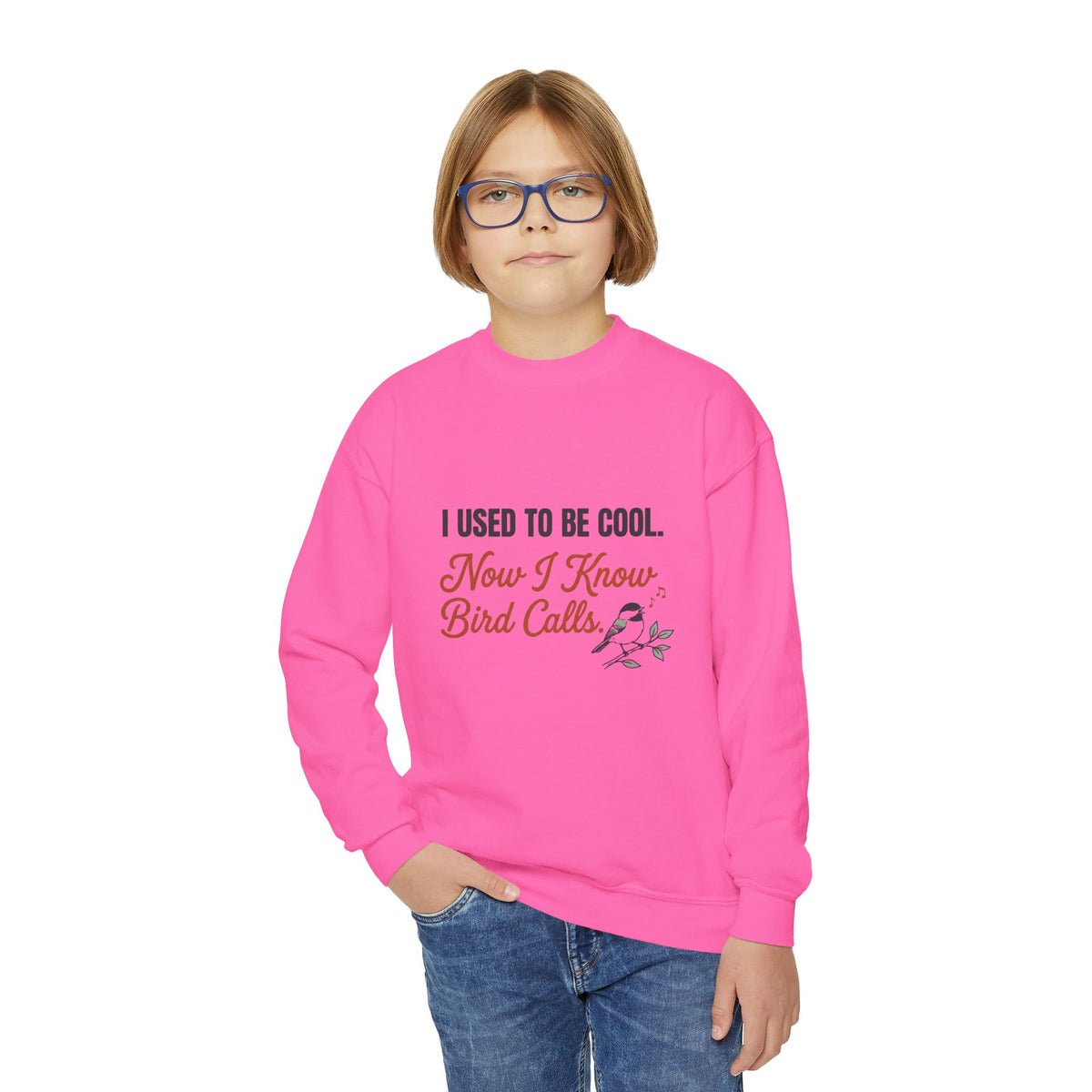Youth Crewneck Sweatshirt – “I Used to Be Cool Now I Know Bird Calls” Kids’ Birdwatching Sweatshirt