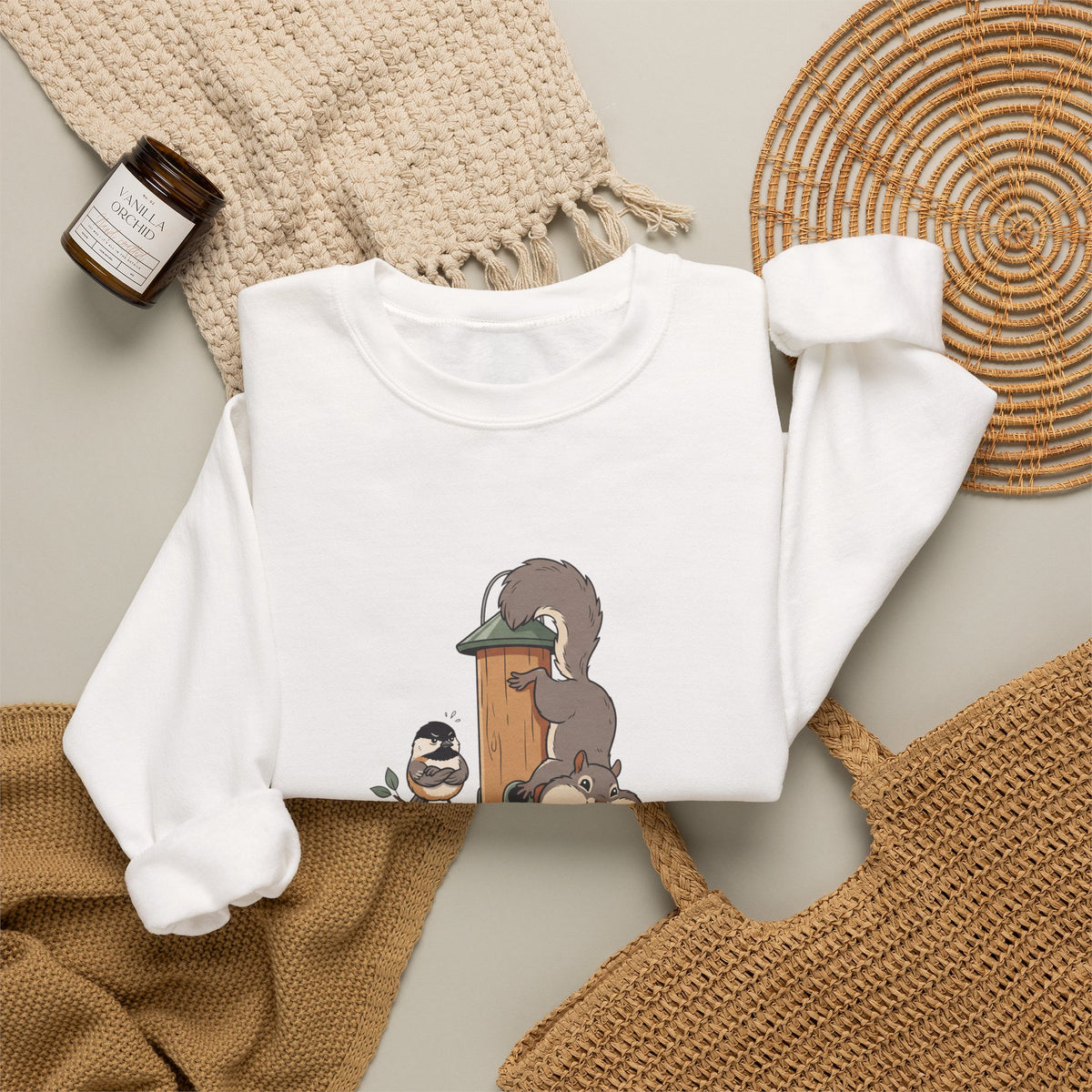 I Feed Birds Allegedly Sweatshirt — Cute Squirrel & Chickadee Birdwatching Crewneck