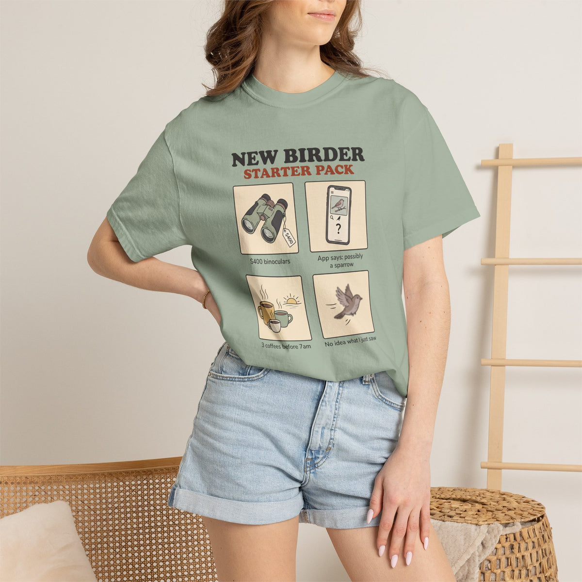 T-shirt with funny New Birder Starter Pack design: $400 binoculars, app says possibly a sparrow, 3 coffees before 7am, no idea what I just saw
