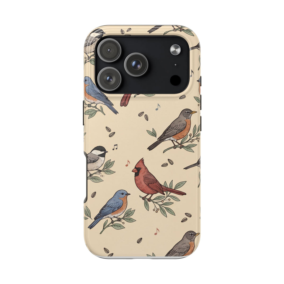 Tough phone case with vintage songbird pattern of chickadees, cardinals, bluebirds and robins